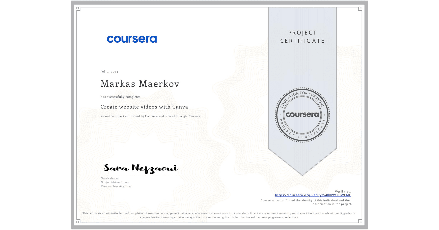 Create Website Videos with Canva course certificate