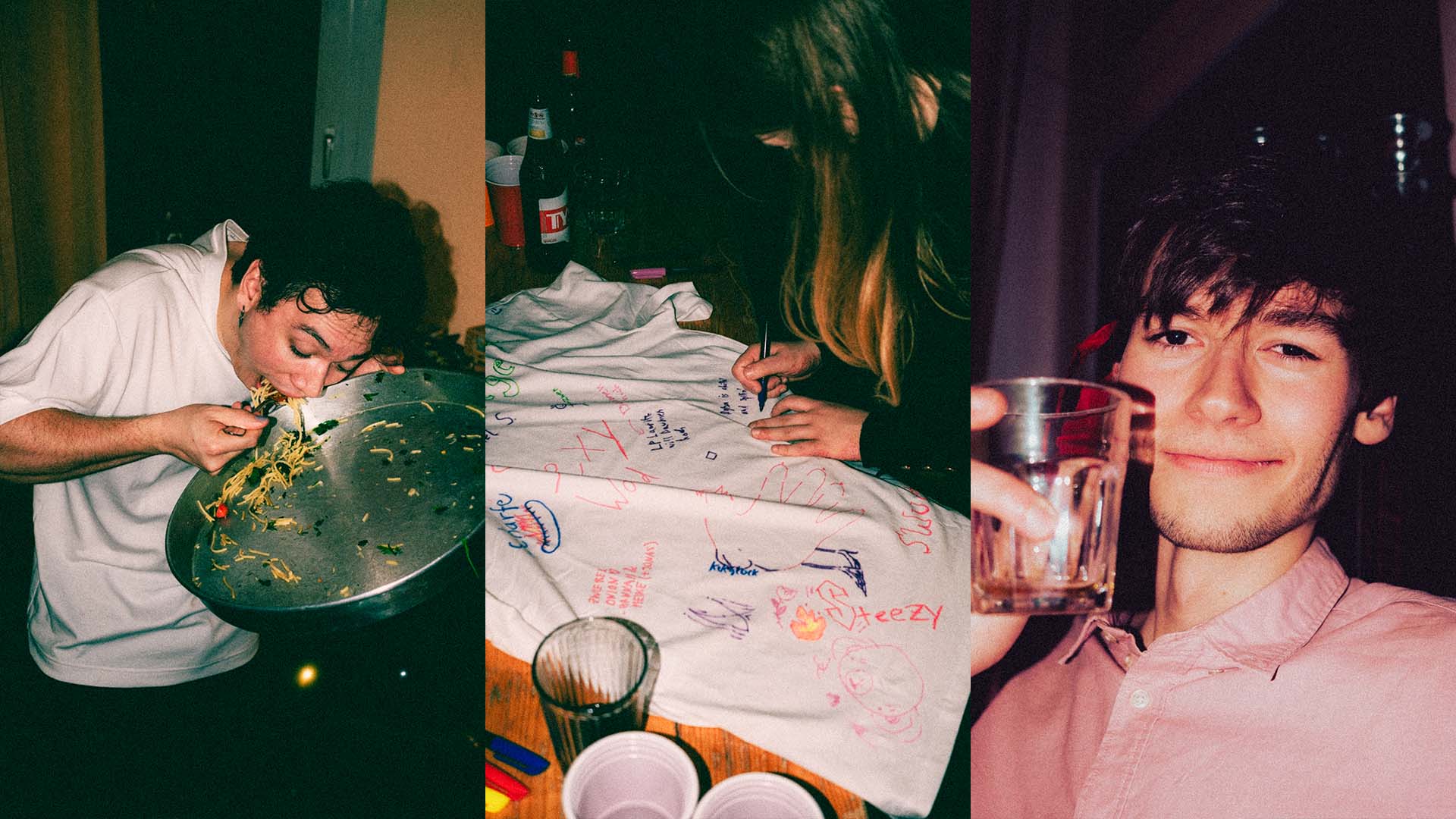 Three vertical images of young people at a party