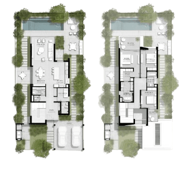 Floor plans of a contemporary home from The Acres Phase 2, featuring two distinct designs and room configurations.