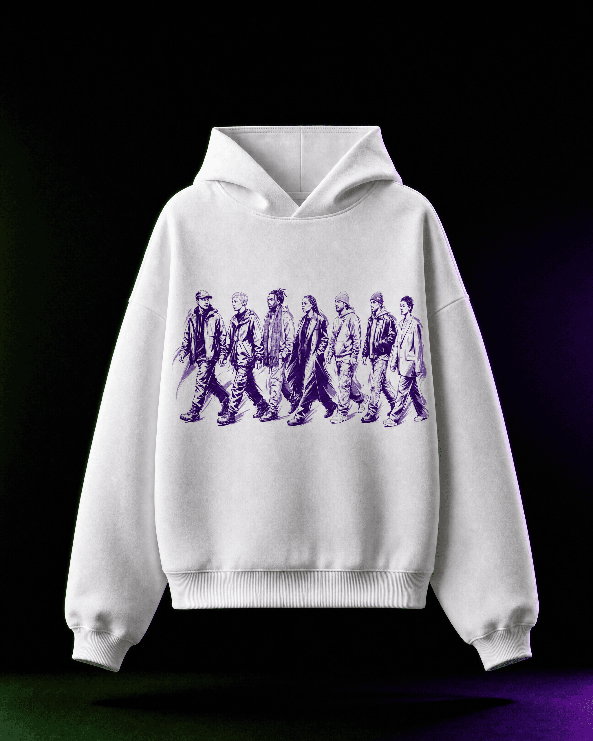Front of a white Session Zone hoodie with a purple graphic showing a group of people.