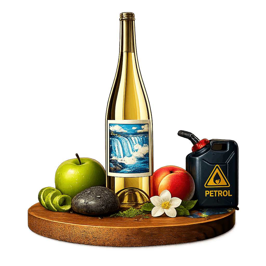 Artistic label and flavor profile for Niagara Riesling on a rustic wooden table.