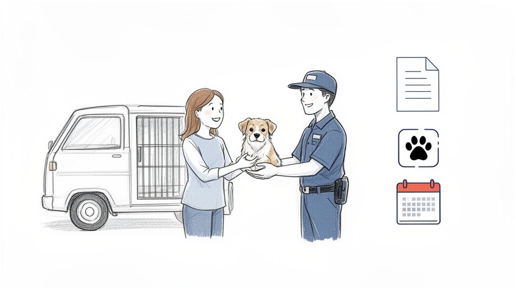 A smiling woman receives a small dog from a uniformed man beside an animal transport van, with pet care icons.