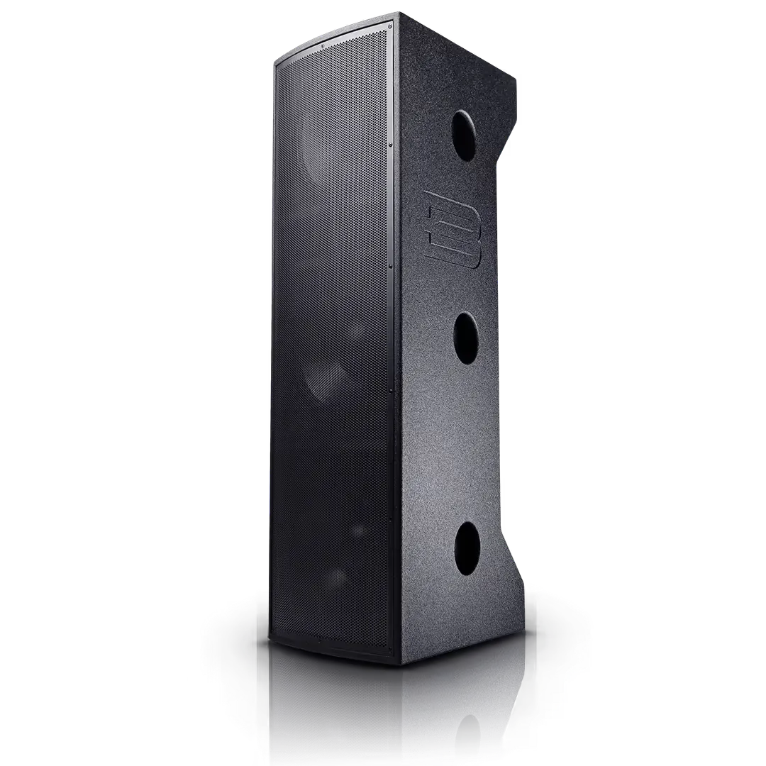 Tall black speaker with multiple woofers and circular ports