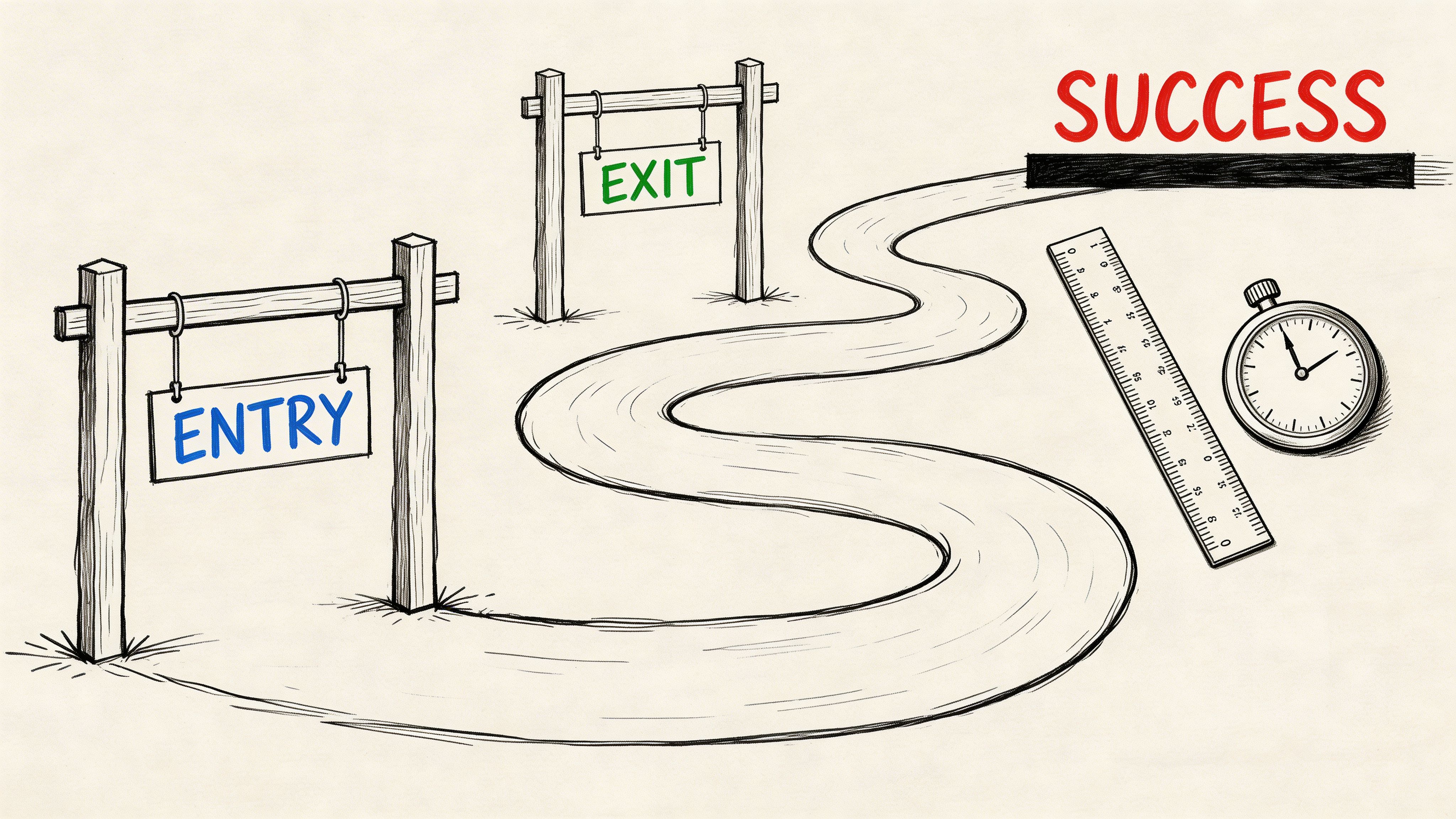 A conceptual sketch illustrating a path from entry to success featuring a ruler and a stopwatch.