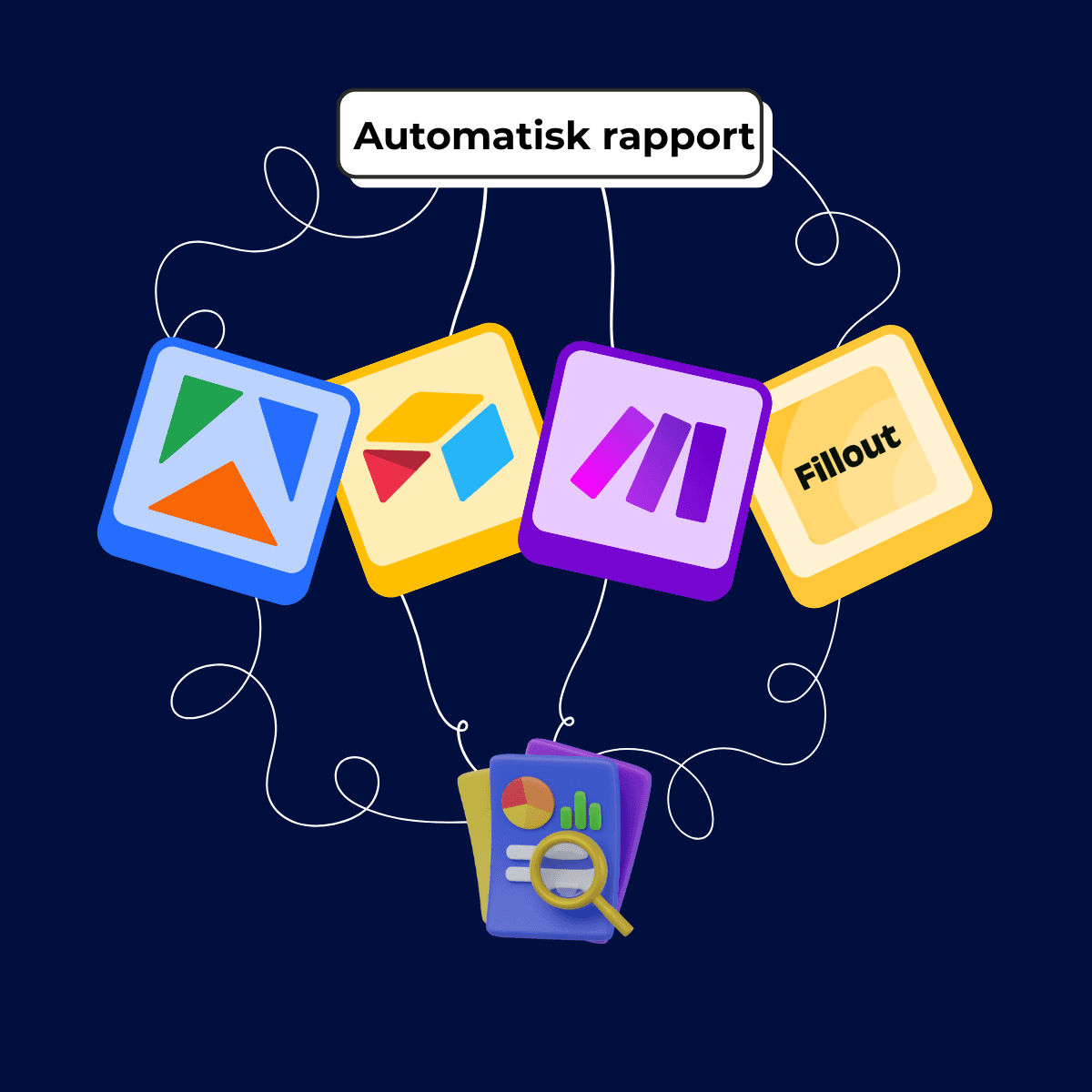 Illustration af automatisk rapport med ikoner for Make, Airtable, Google Sheets og Fillout forbundet i et flow