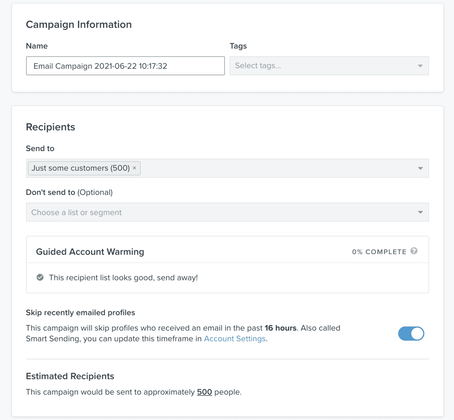 Guided Warming.png – Klaviyo’s guided account warming settings ensuring optimal email deliverability.