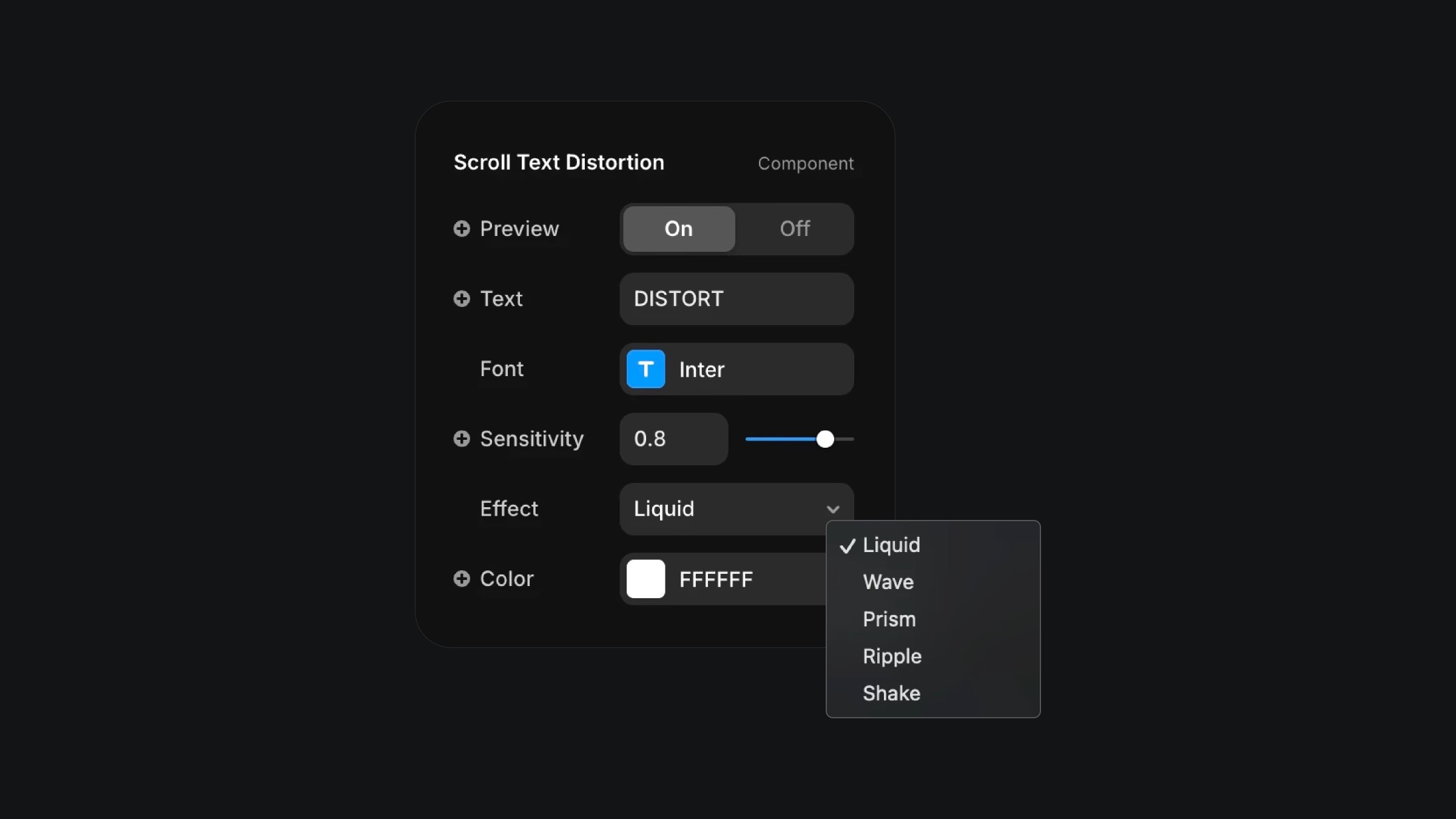 Framer scroll text distortion component settings with effect options