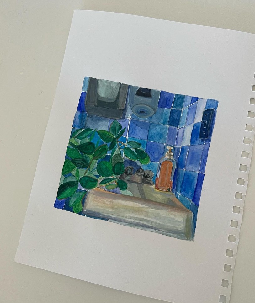 Painting of a sink with blue tiles