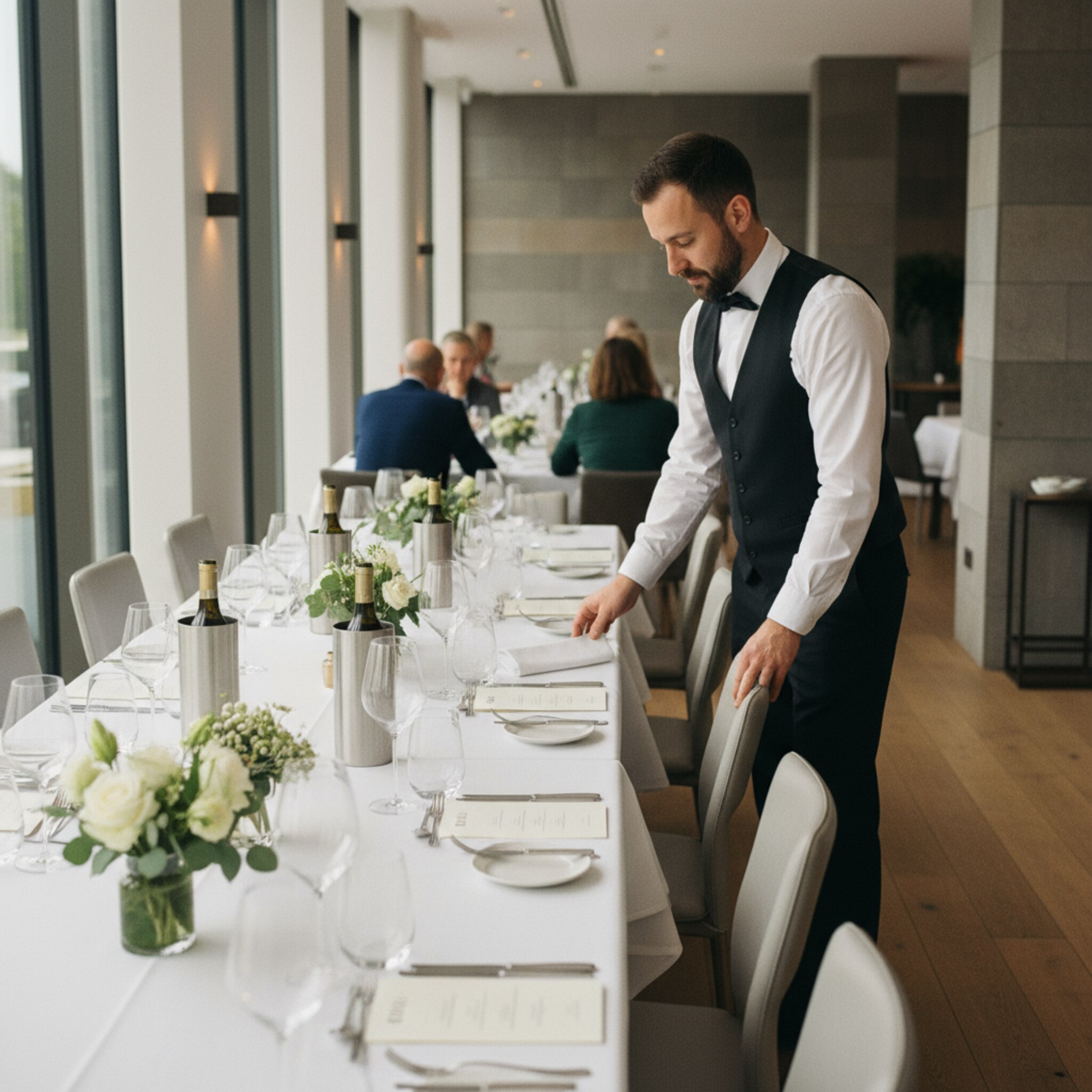 Ein festlich gedeckter Tisch mit polierten Gläsern, Menükarten und bereitgestellten Kühlern. Ein Kellner rückt den Stuhl akkurat heran und prüft die Platzierung der Servietten. Die Szene wirkt hochwertig und geordnet. Alles deutet auf planbare, sichere Einnahmen hin.