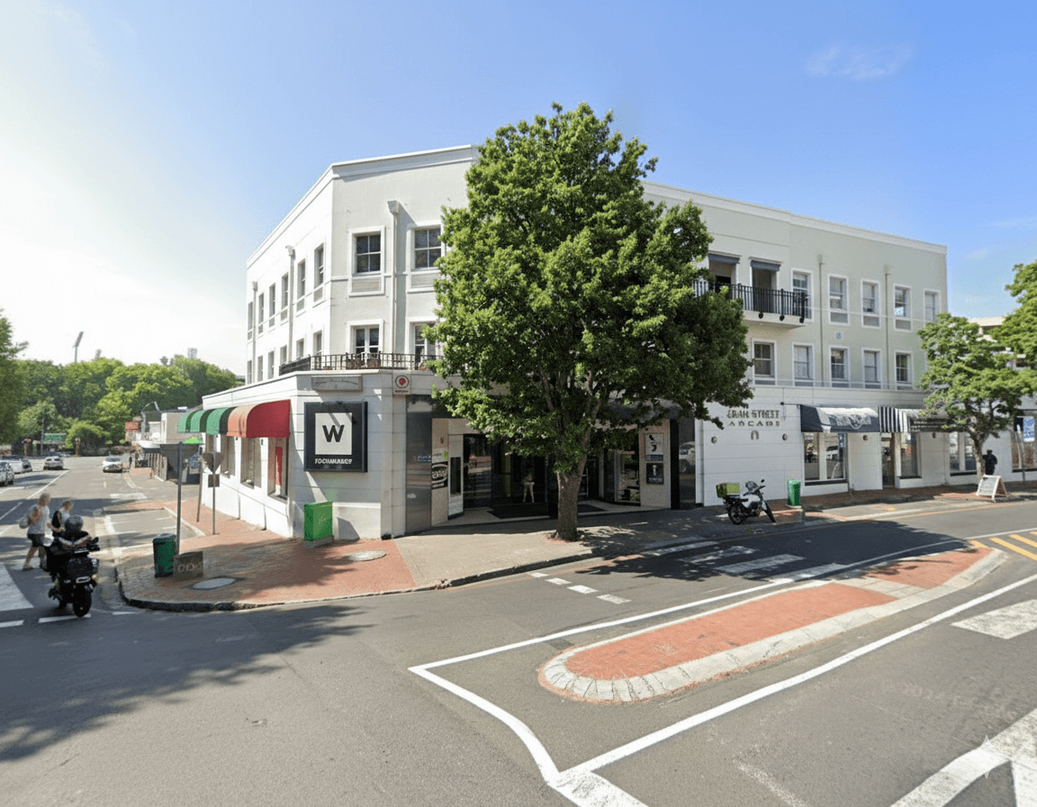Vibrant street view of the Newlands neighbourhood surrounding Foundation Group rental apartments.