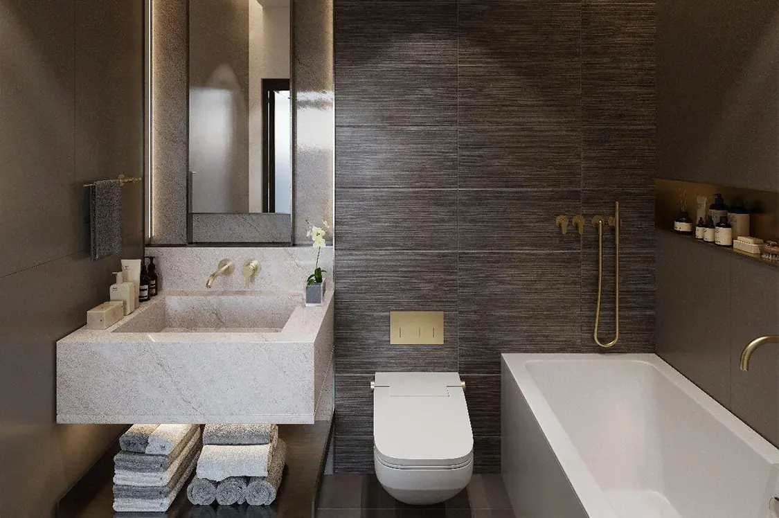 A modern bathroom featuring a sleek bathtub and a toilet, designed with contemporary aesthetics in mind.