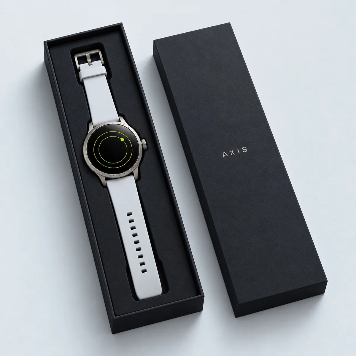 The slim AXIS box, open, with the watch in its tray