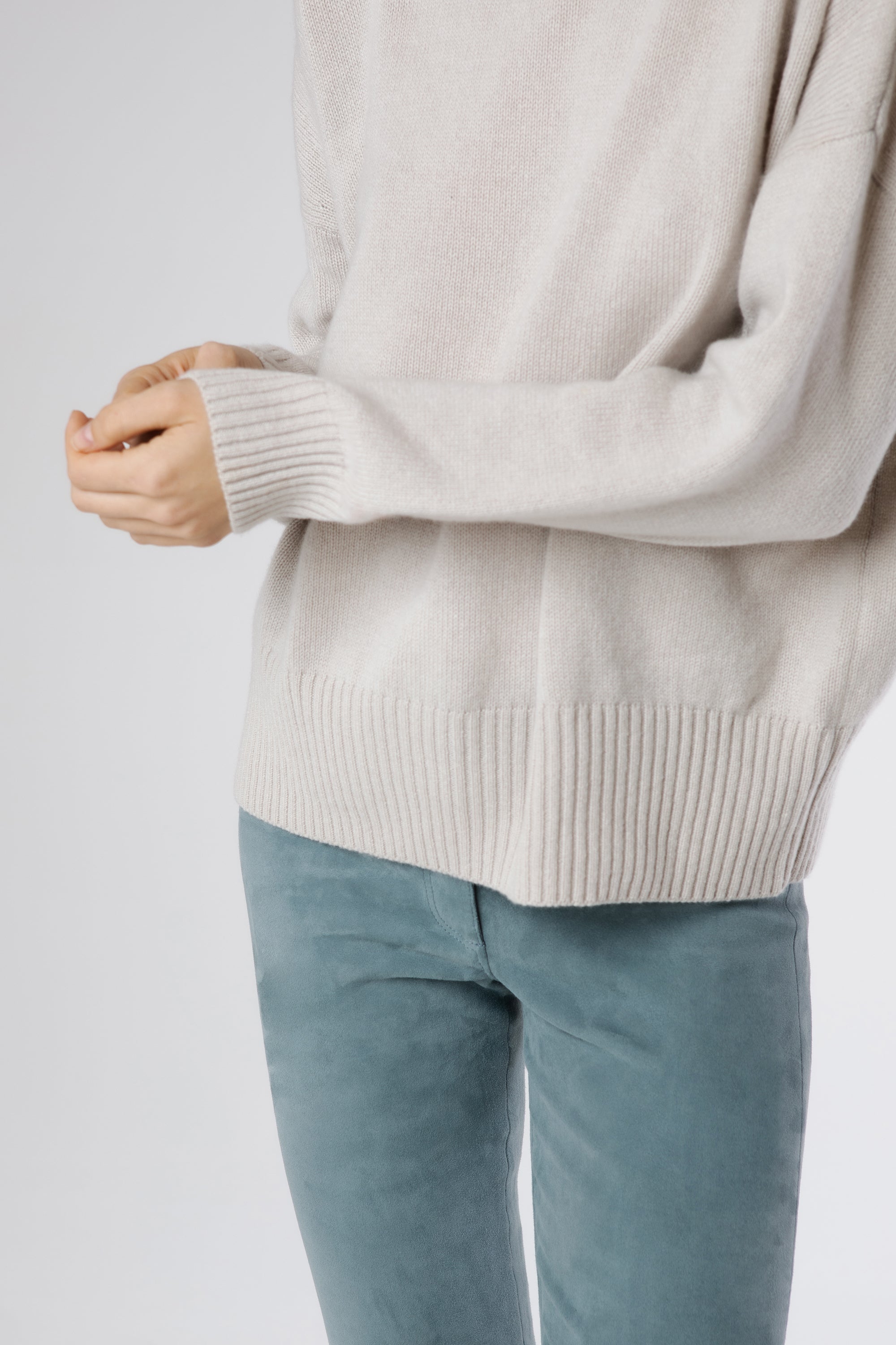 Left side view of Gianna Cashmere Pullover with dropped shoulder detail