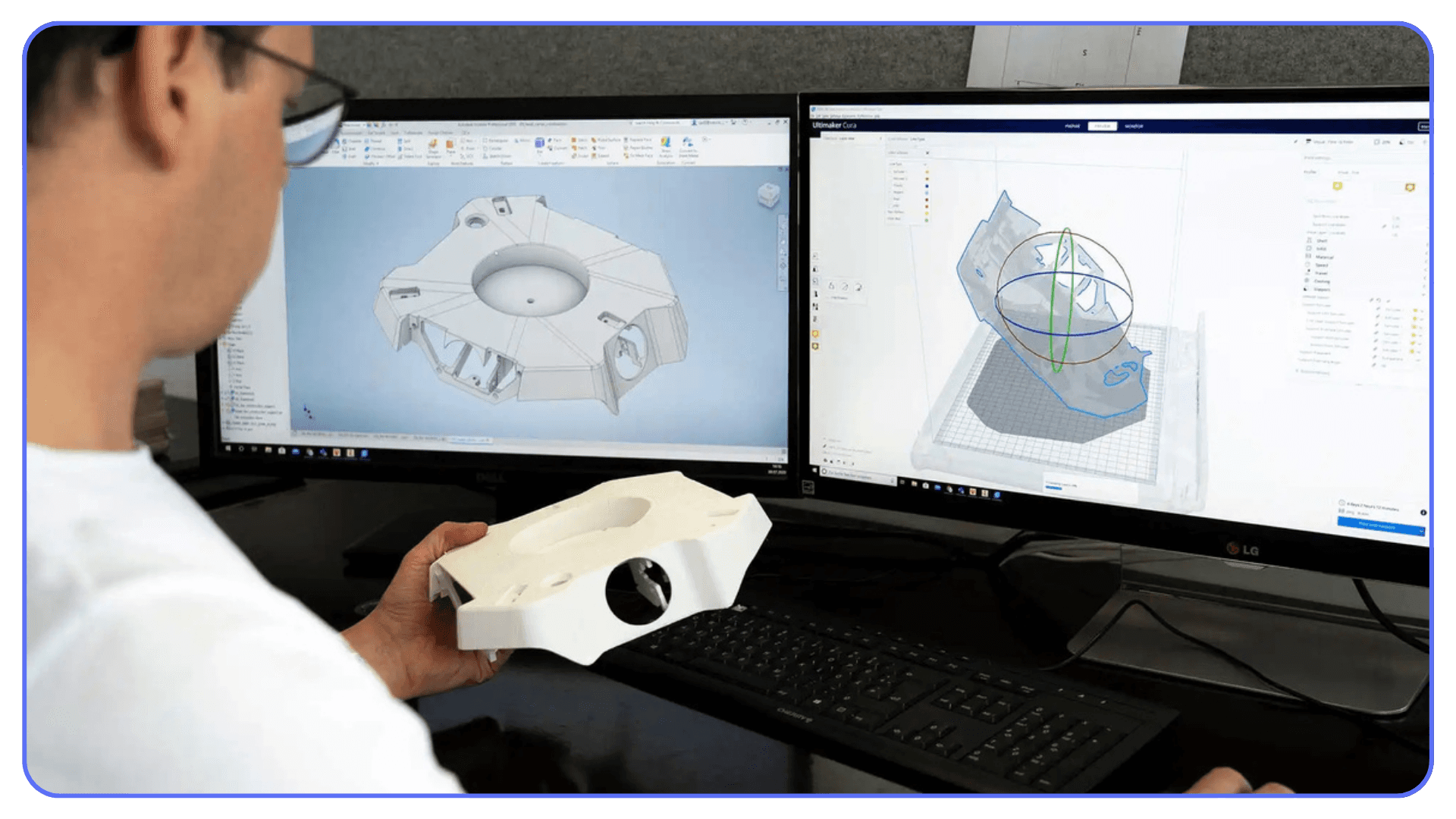 An engineer holding a 3D-printed part while viewing the CAD model and slicer preview on dual monitors.