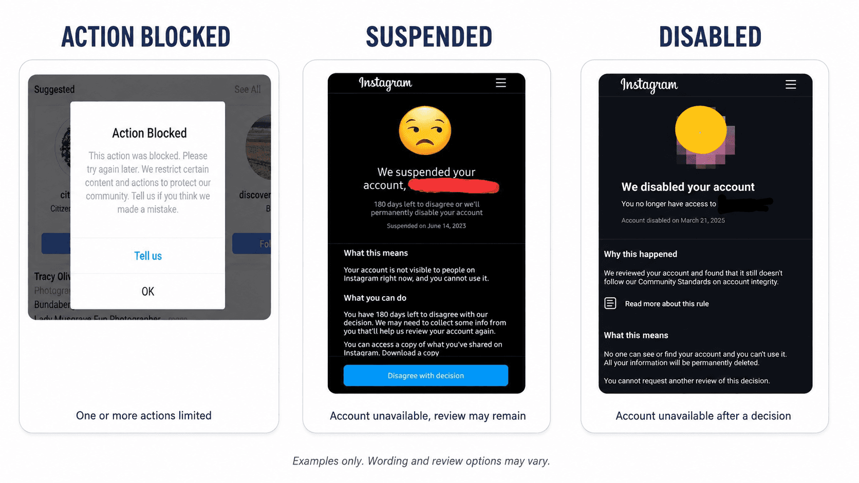 Instagram Action Blocked, Suspended, and Disabled account examples
