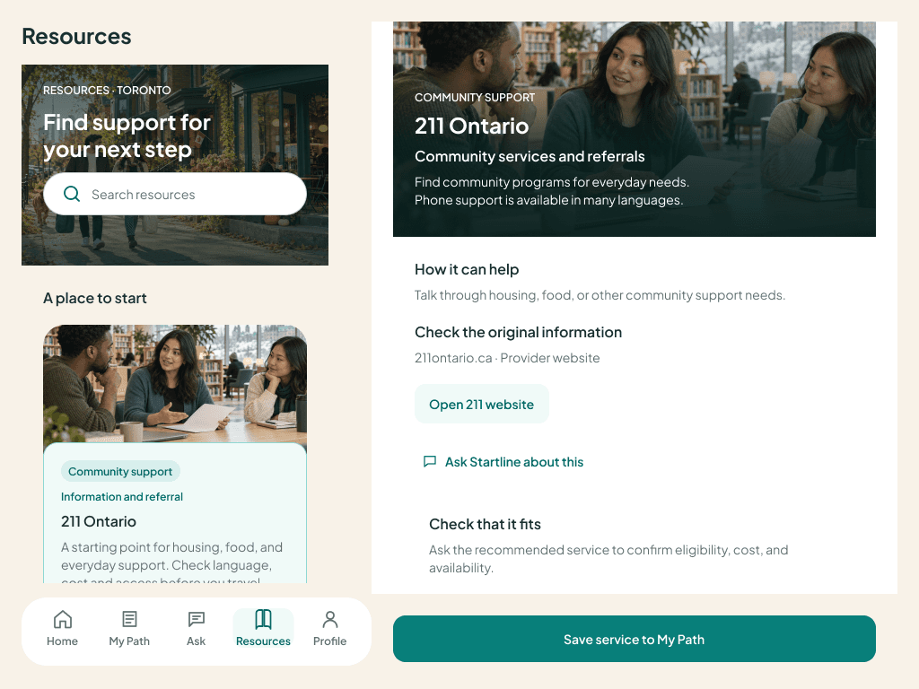 Startline tablet Resources view with list and service details shown side by side