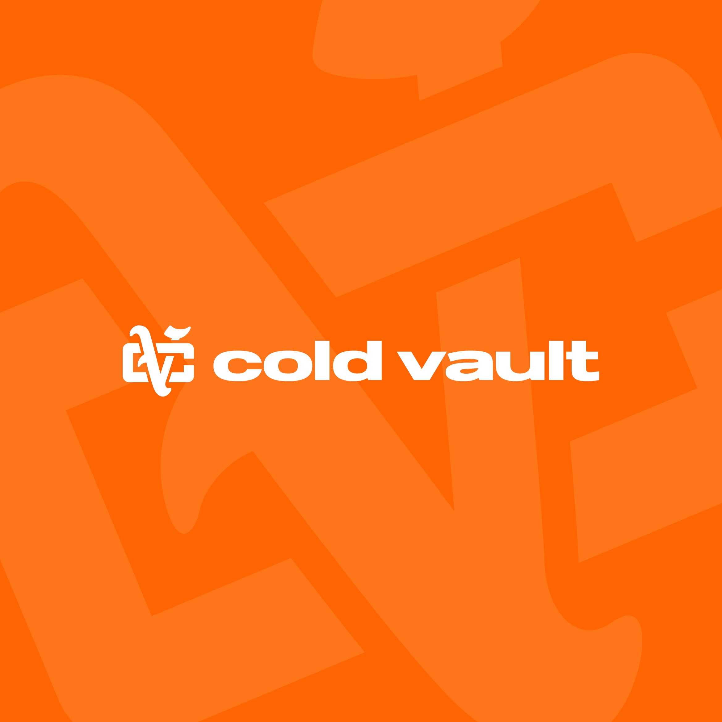 Brand collateral for Cold Vault featuring orange brand colour and bold logo