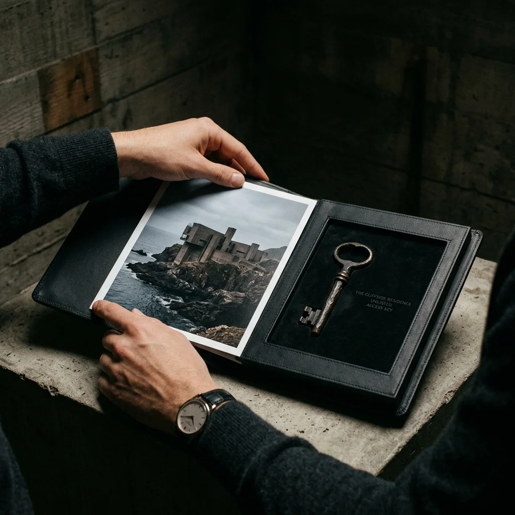 “Person holding a leather folder containing a photograph of a modern concrete house by the sea and a vintage key displayed inside.