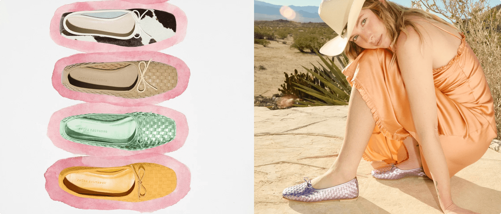 Freda Salvador luxury footwear campaign featuring colourful leather flats and model styling