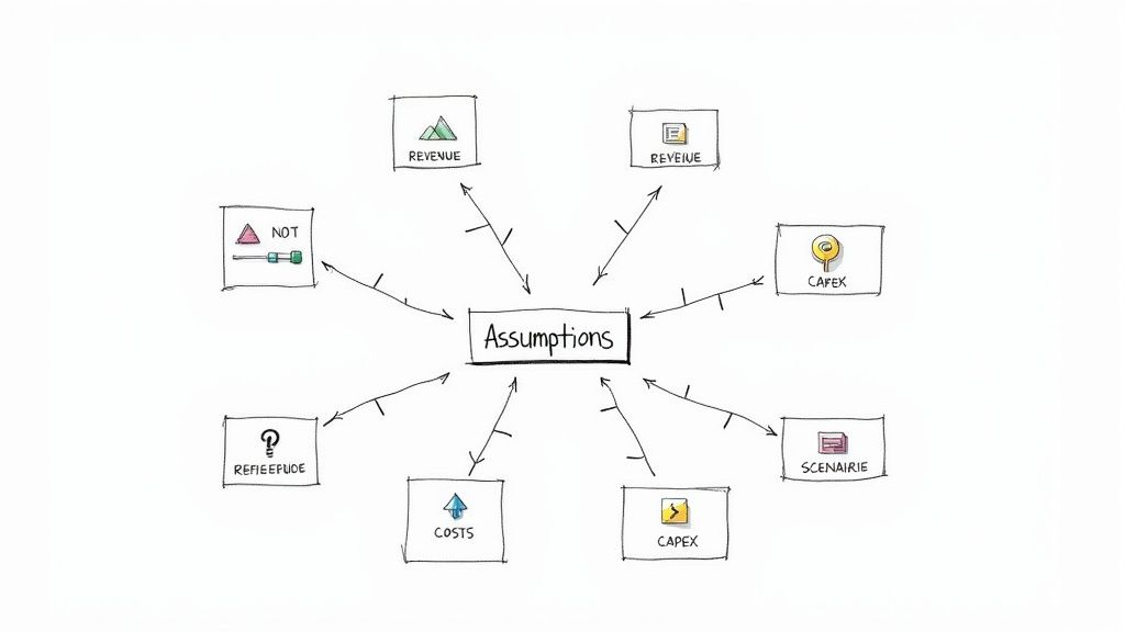Mind map showing 'Assumptions' connected to key financial elements like revenue, costs, and capital expenditure.