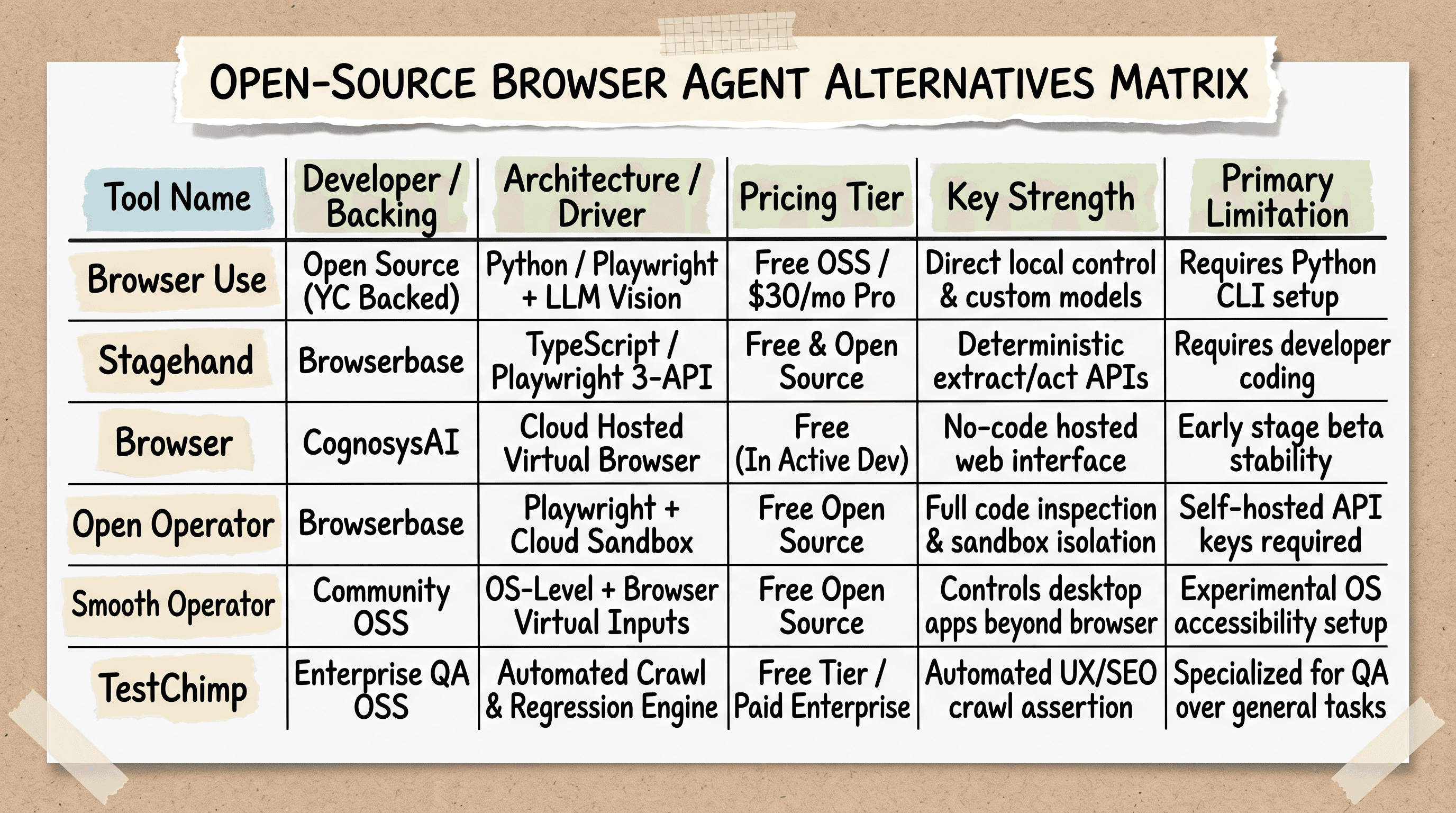 Comparison table evaluating free and open source browser automation alternatives including Browser Use Stagehand and Open Operator