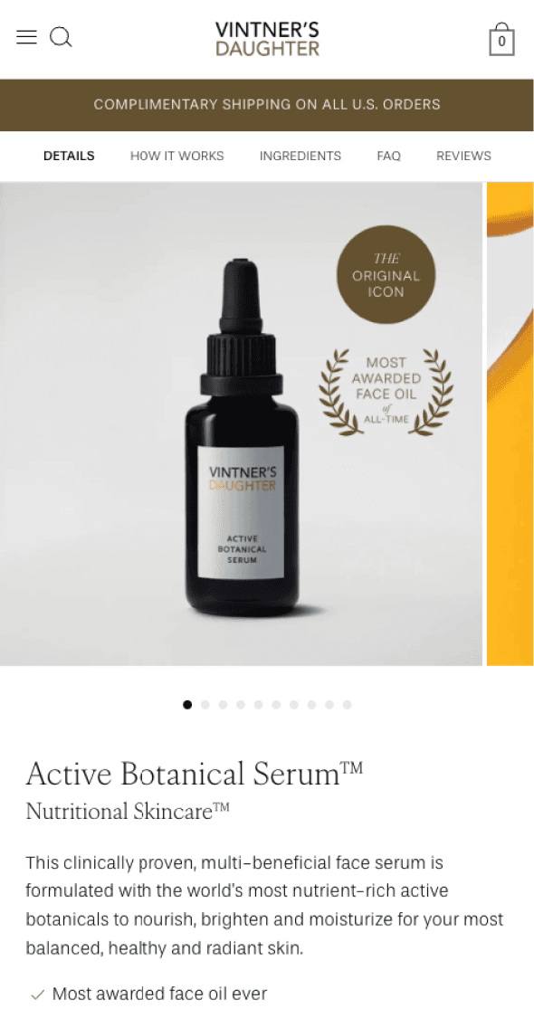 Mobile product detail page featuring Vintner’s Daughter Active Botanical Serum
