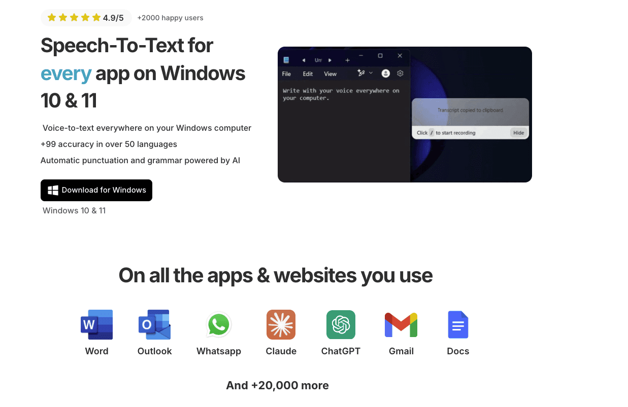 Homepage screenshot of Voicy Speech to Text writing app for Windows 