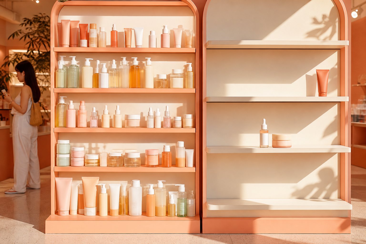 Coral products handled in a peach-lit space