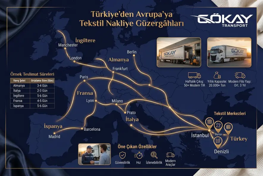 Türkiye’den Avrupa’ya tekstil nakliye güzergahları haritası — İstanbul, Denizli, Bursa çıkışlı
