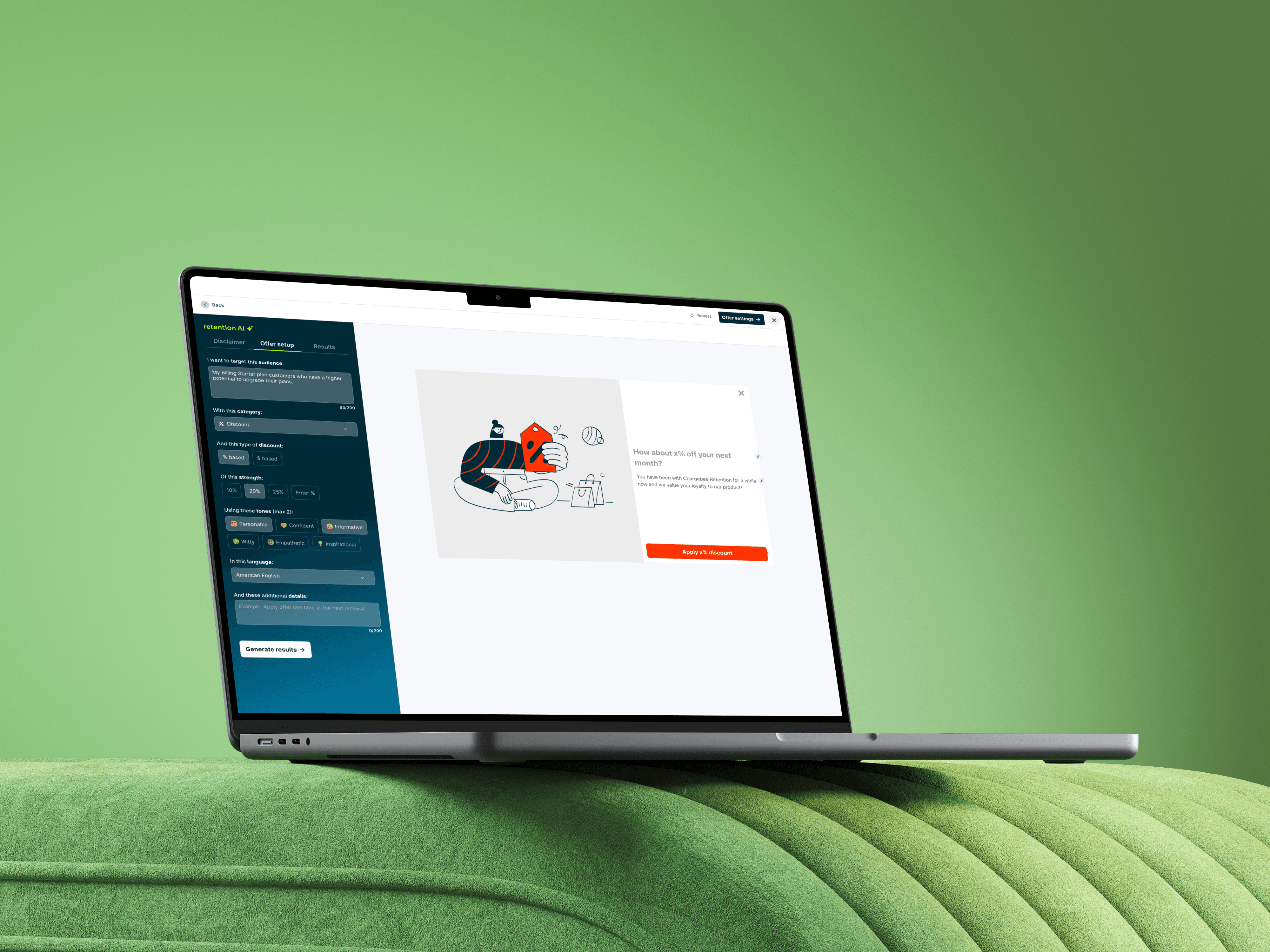 Chargebee Retention AI mockup on a laptop with a bright green background