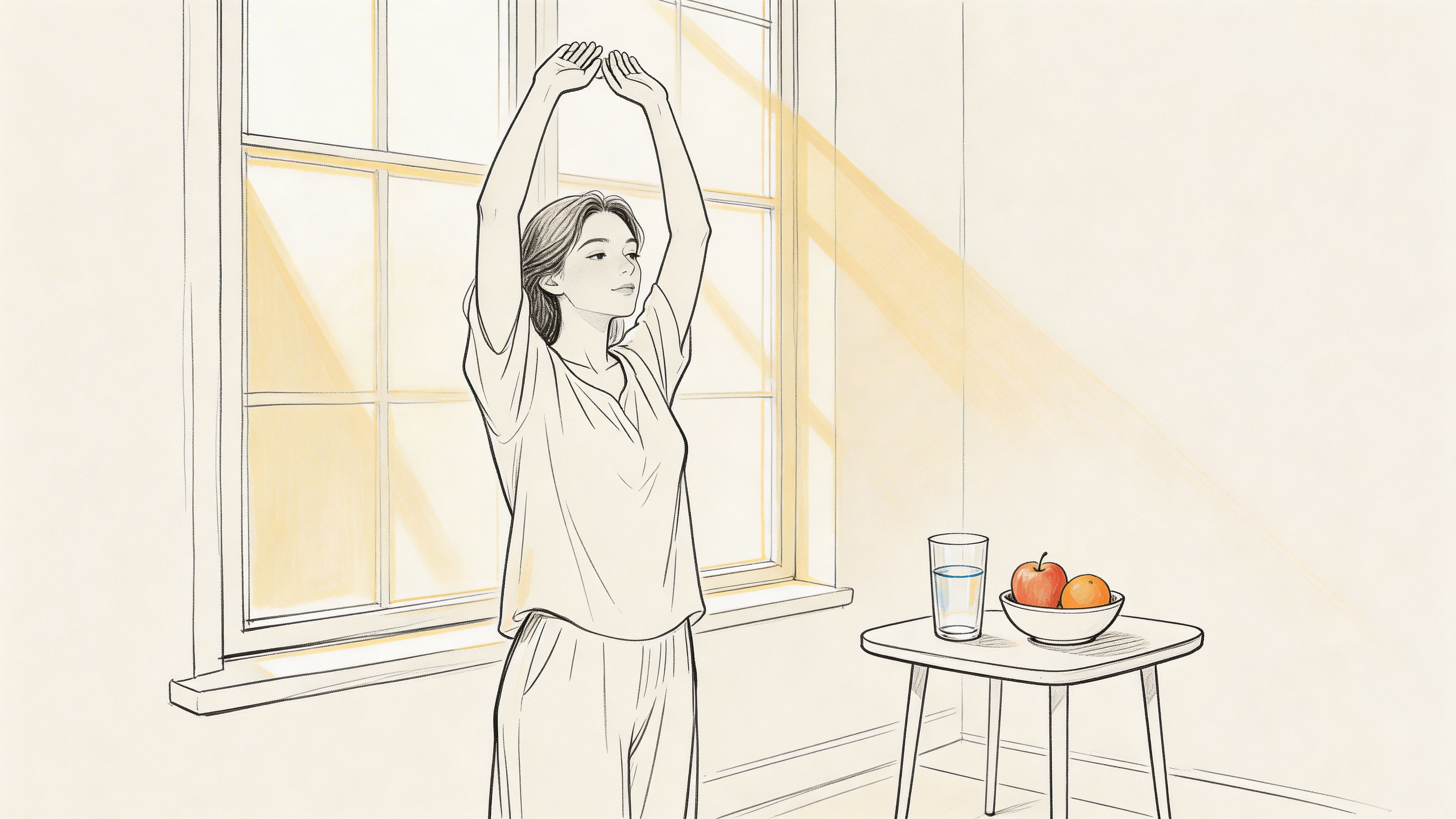 A woman stretches her arms in the morning sunlight next to a table with water and fruit.