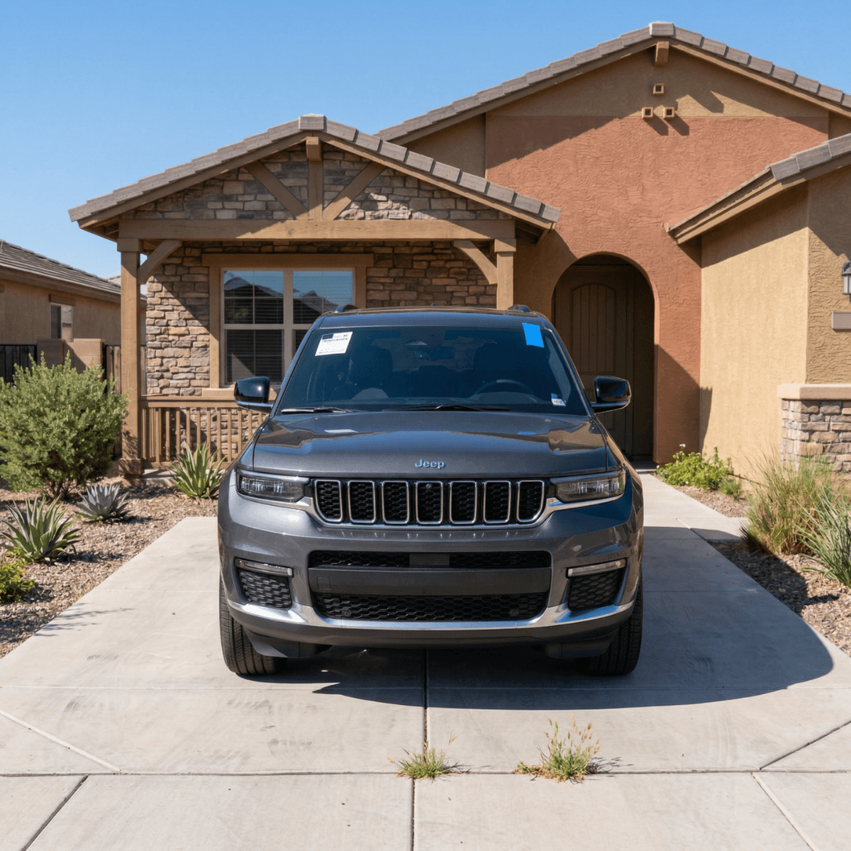 Dark gray Jeep Grand Cherokee after windshield replacement at an Apache Junction home with Superstition Mountains in the background