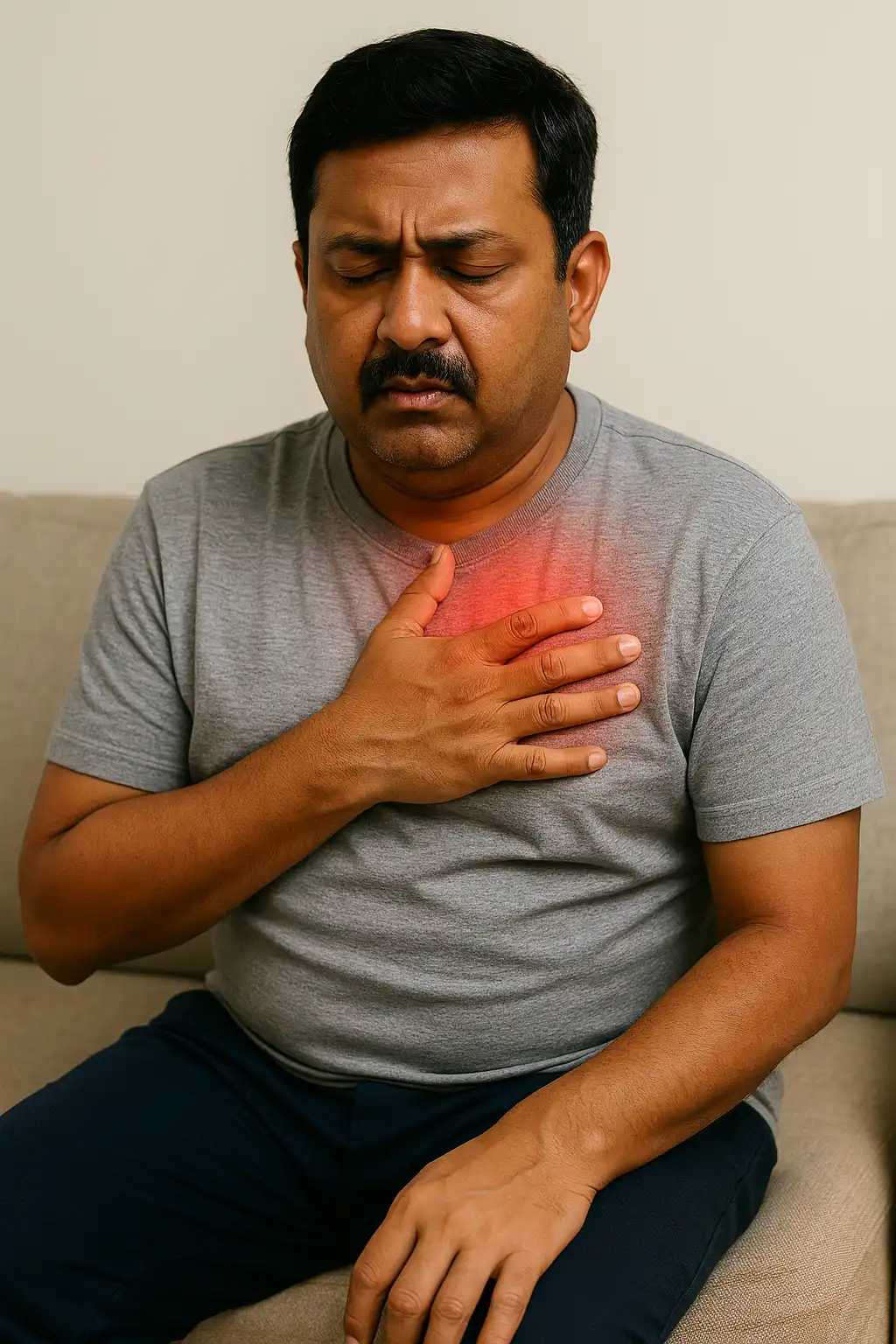 Man clutching his chest in pain, indicating postoperative cardiac fatigue or chest discomfort after heart surgery.