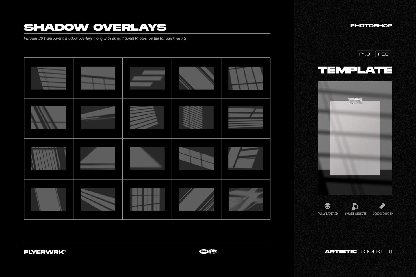 Artistic Toolkit 1 shadow overlays including twenty transparent PNG files and a layered Photoshop mockup template