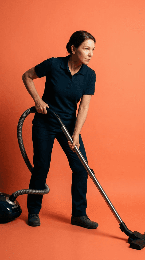 Une femme souriante, vêtue d'un polo bleu marine, aspire avec détermination sur un fond orange vif symbolisant.
