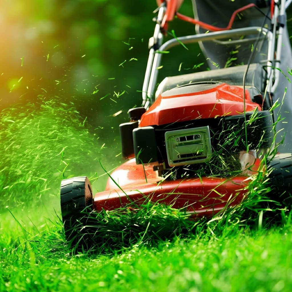 Lawn mowing service in New York — crisp striped residential lawn with clean driveway edge.