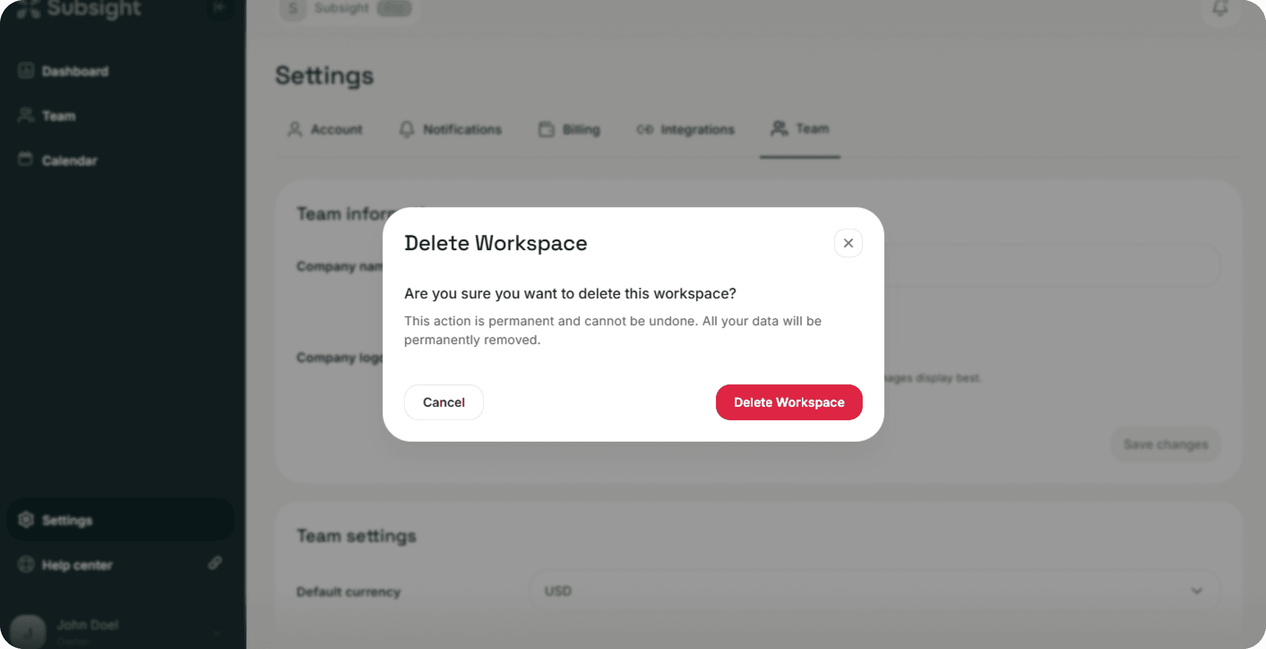 Subsight workspace deletion confirmation modal warning about permanent removal of all workspace data.