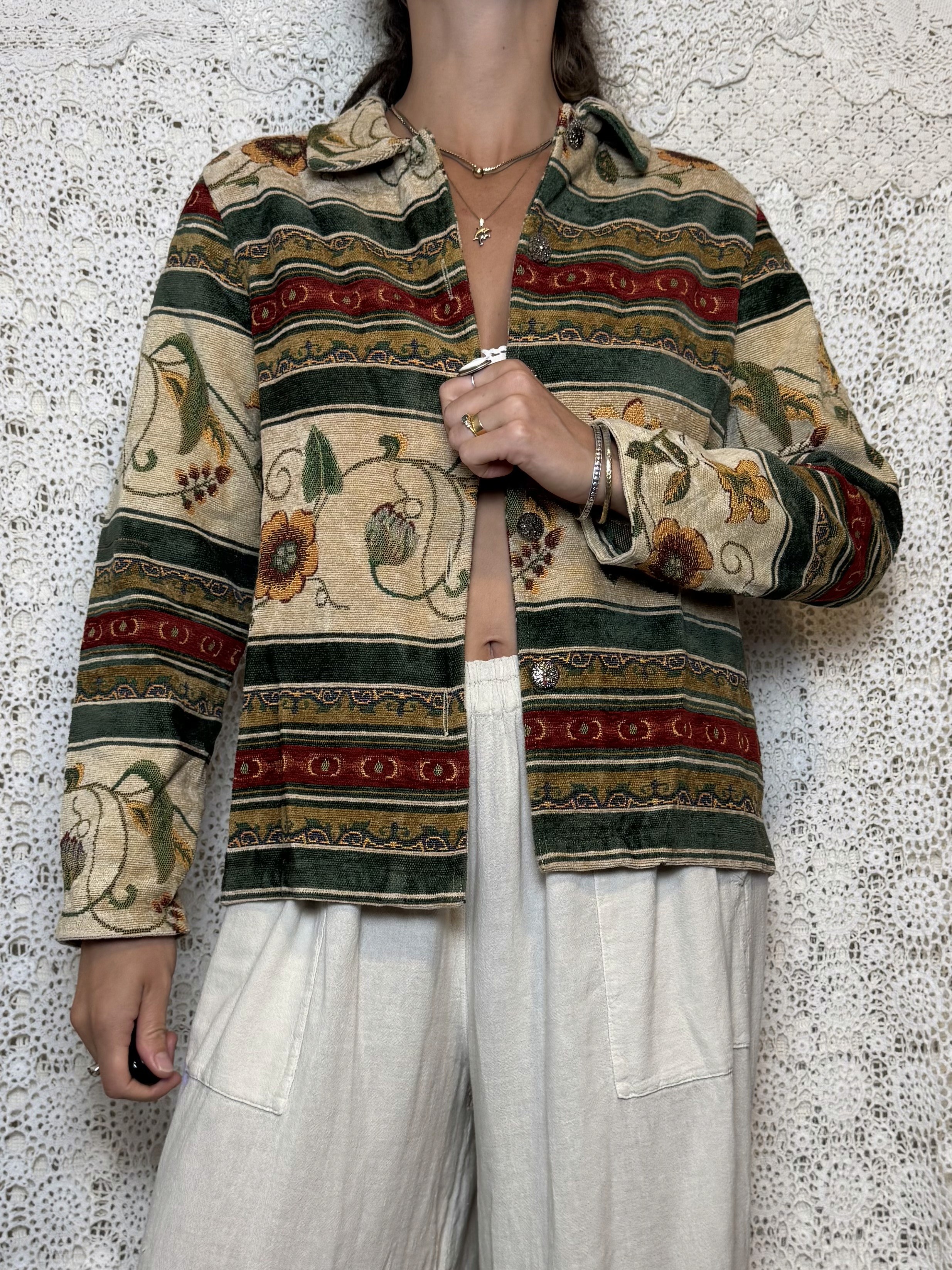 vintage floral tapestry print button down jacket