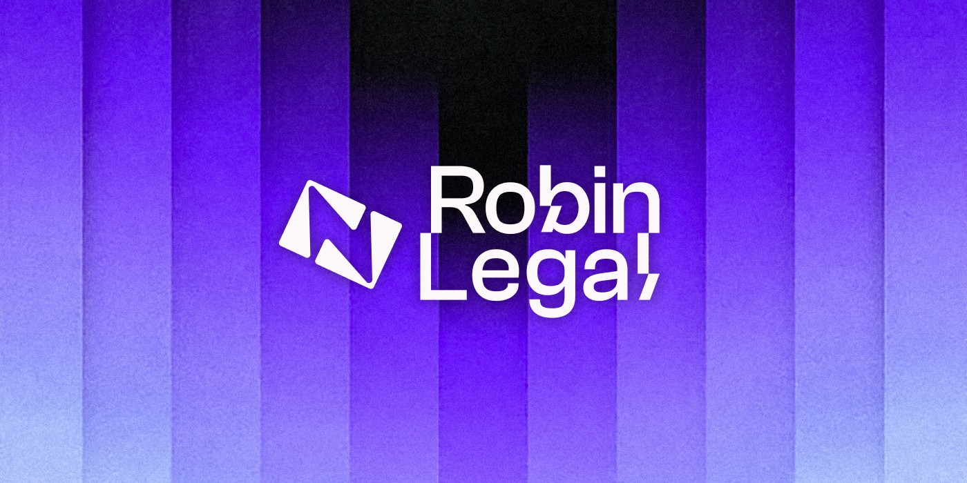 Image de couverture du projet Robin Legal présentant le logo blanc de l'entreprise au centre. Le fond est composé de bandes verticales superposées créant un dégradé dynamique de violet vibrant, noir profond et bleu clair. Direction artistique et design graphique minimaliste et moderne réalisés par Diana SOM.
