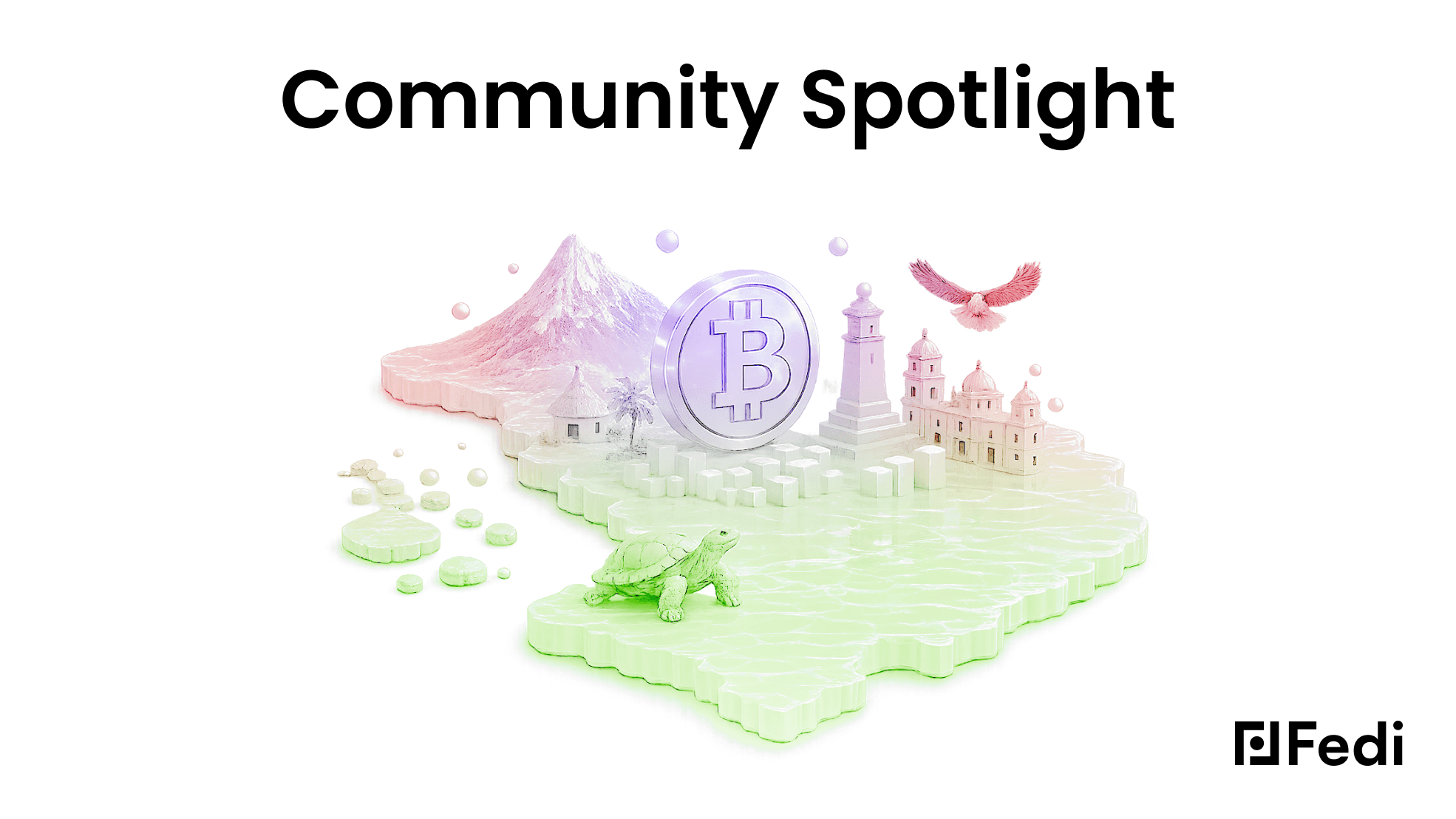 3D illustrated map of Ecuador with a Bitcoin coin, Galápagos tortoise, volcano, and colonial architecture, representing Fedi's Bitcoin community spotlight in Ecuador with JJ Chagerben