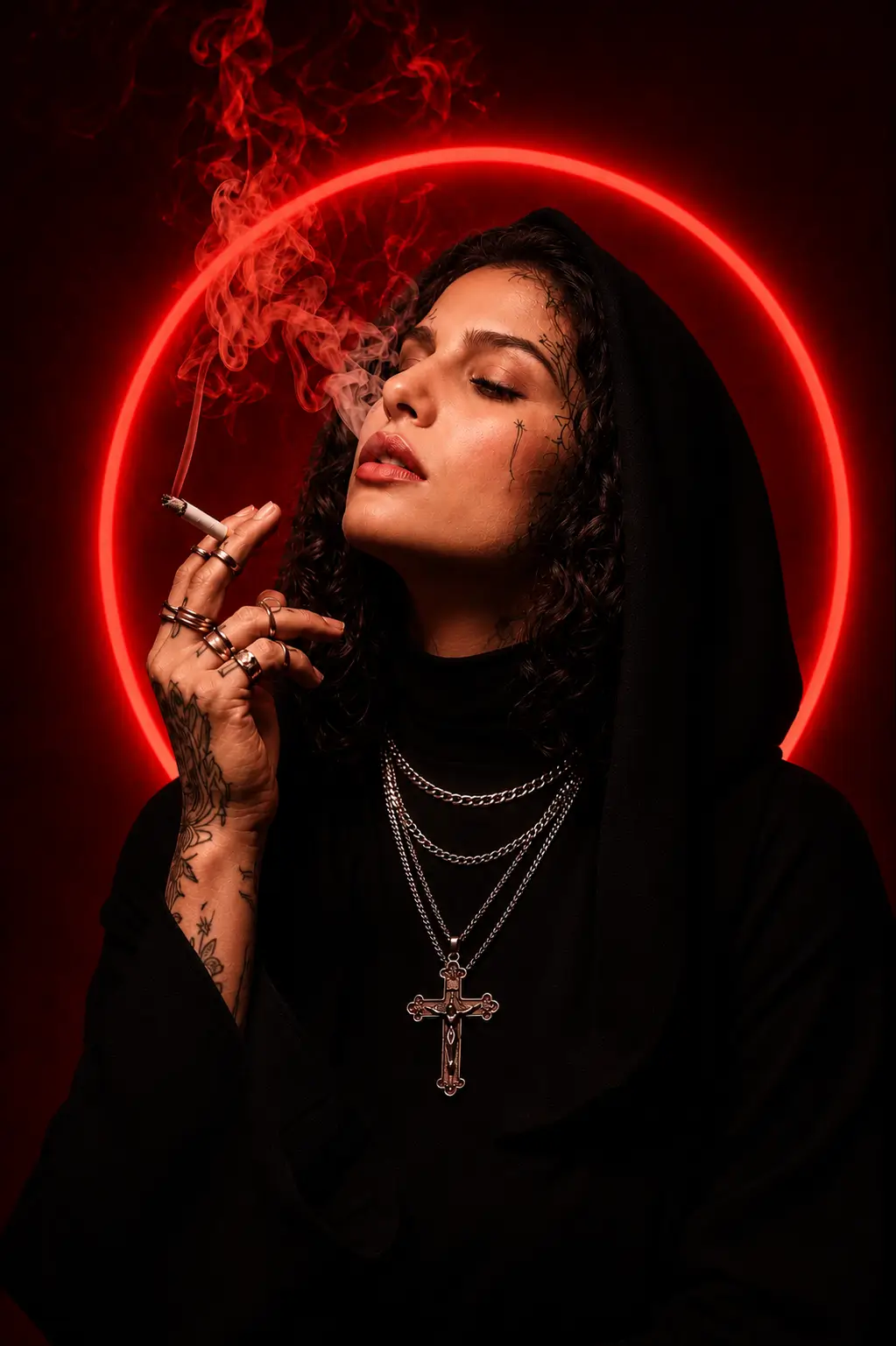 AI-generated editorial portrait of a woman framed by a dramatic red halo light, creating a bold and mysterious atmosphere.