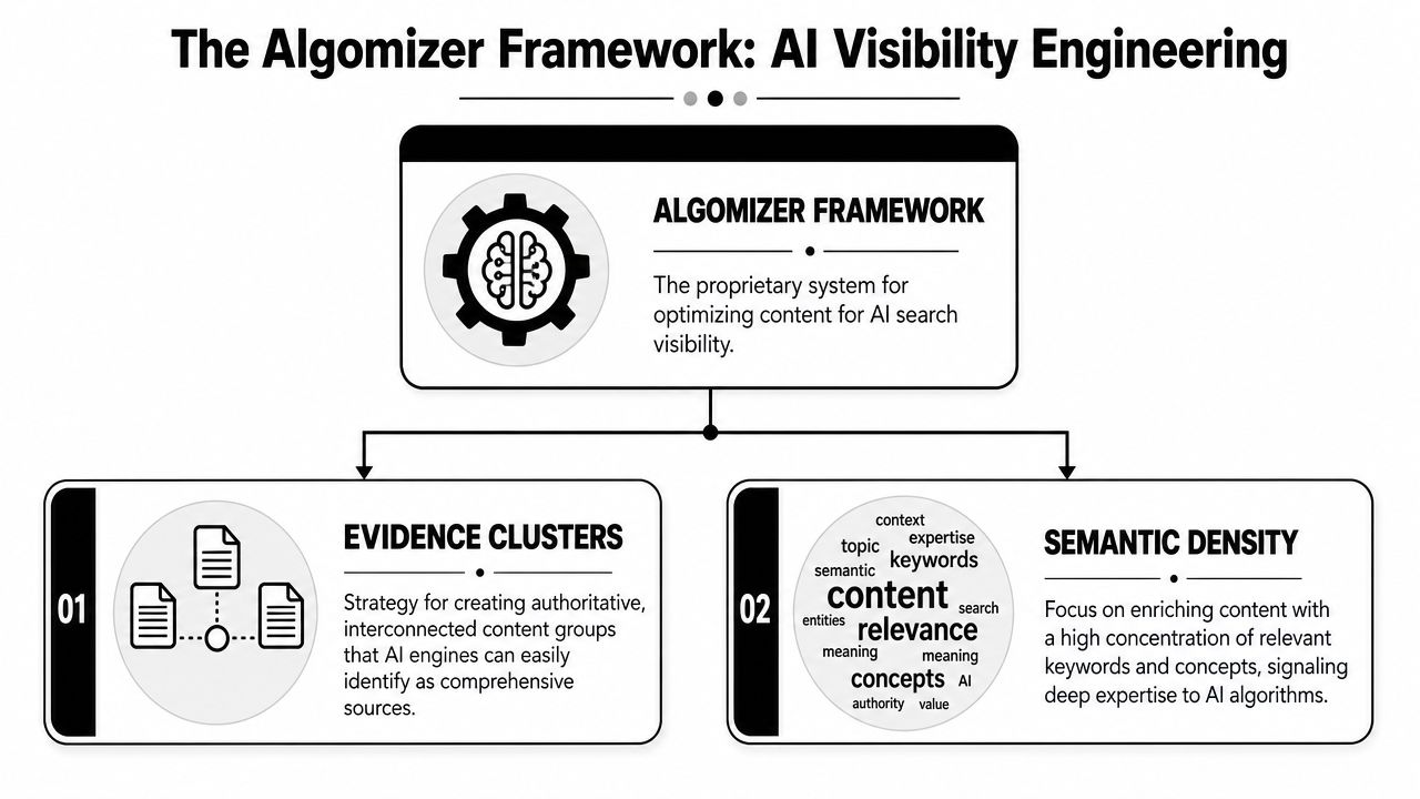 A diagram titled The Algomizer Framework detailing strategies for AI visibility through evidence clusters and semantic density.