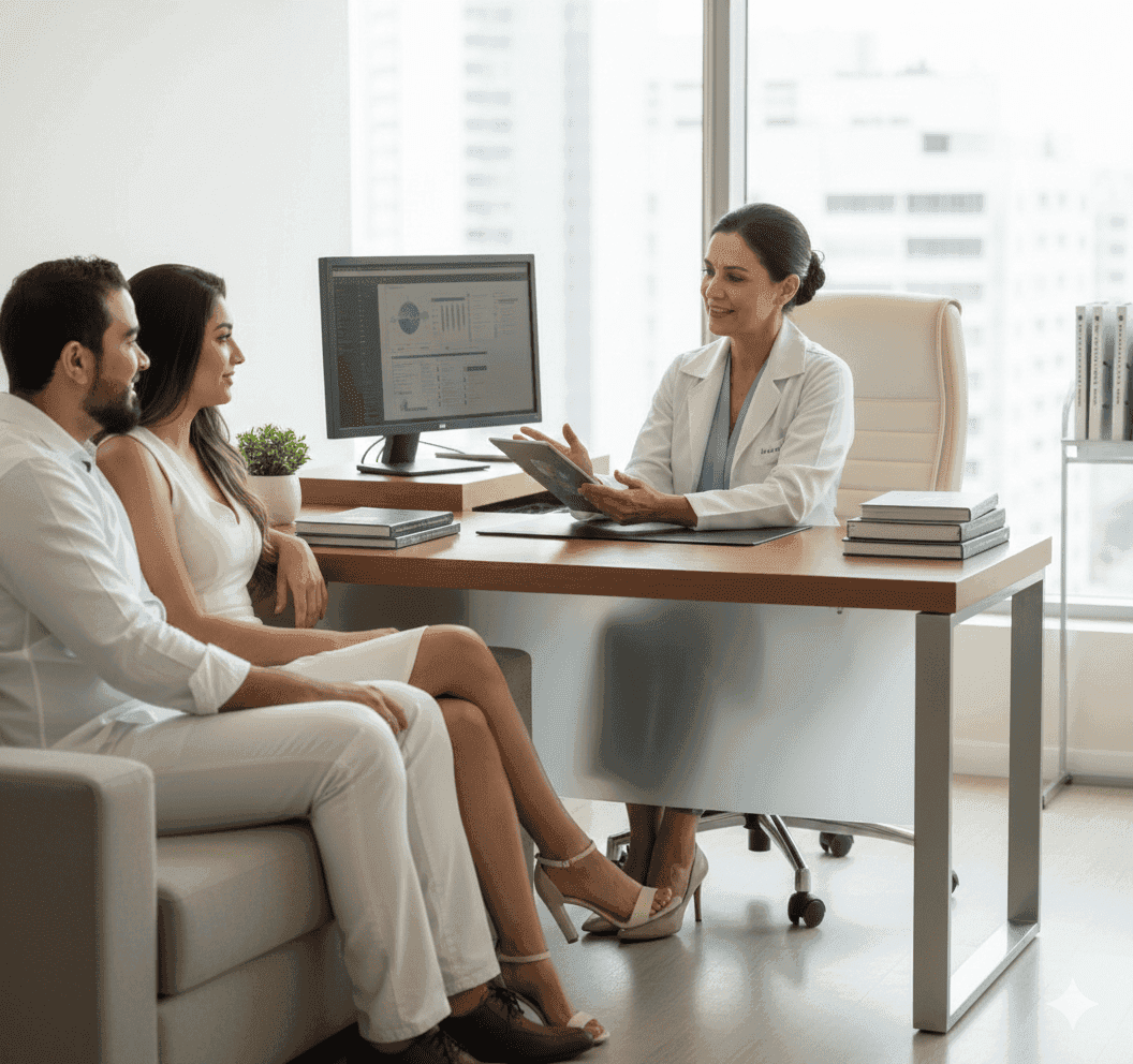 Couple consulting a doctor in office, discussing health.