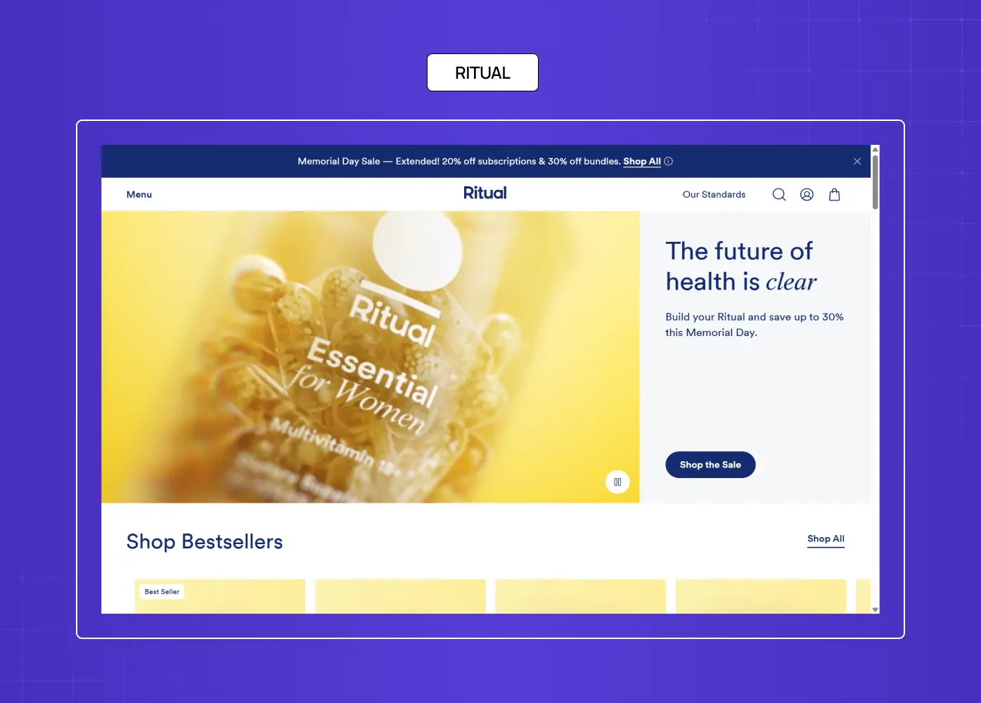 Ritual wellness product homepage featuring health supplements and clean lifestyle-focused branding.