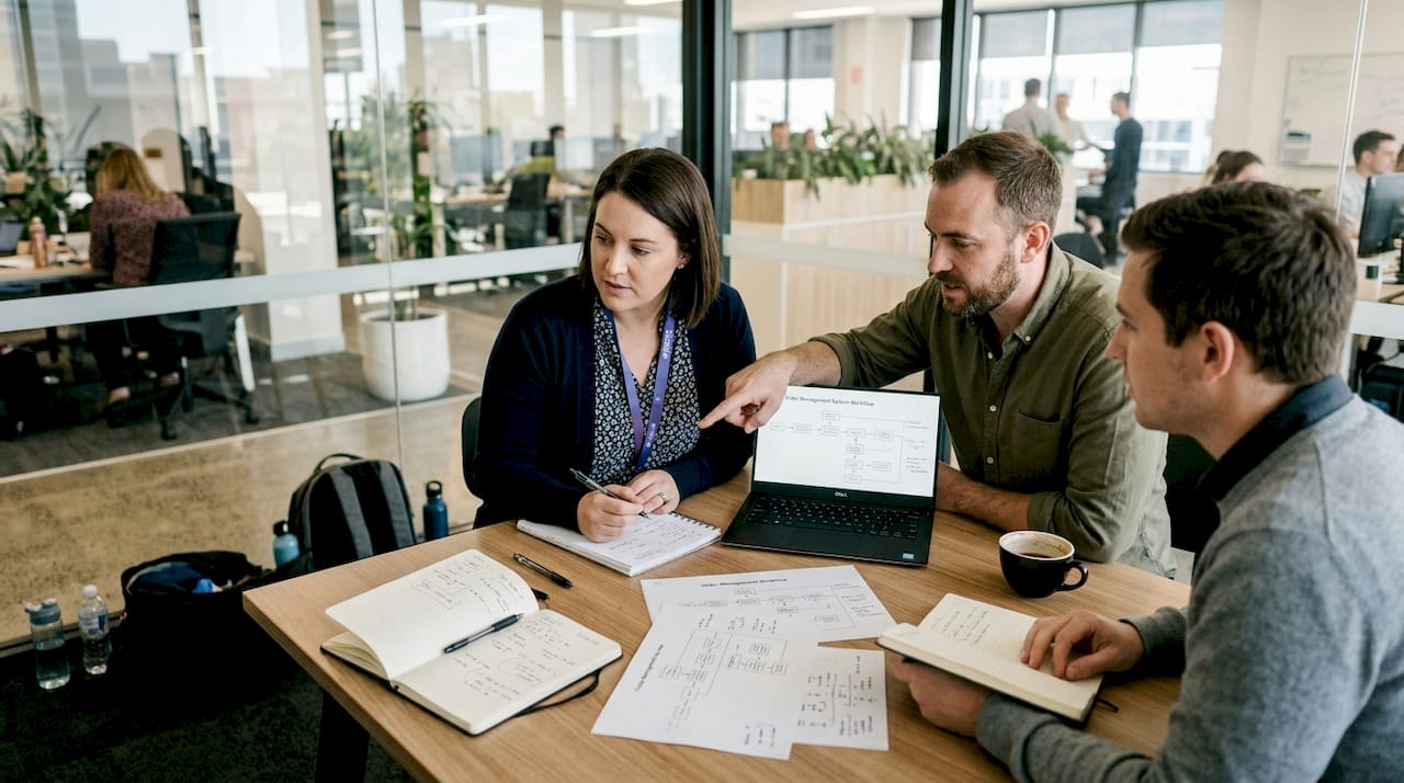 Team discussing OMS software implementation