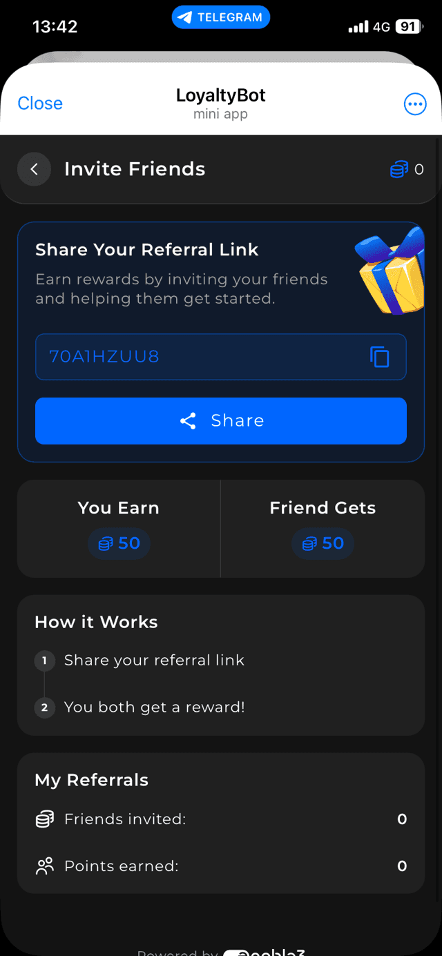 LoyaltyBot mini app – Invite Friends screen showing a referral link, Share button, and reward breakdown: 50 points for you and 50 for your friend