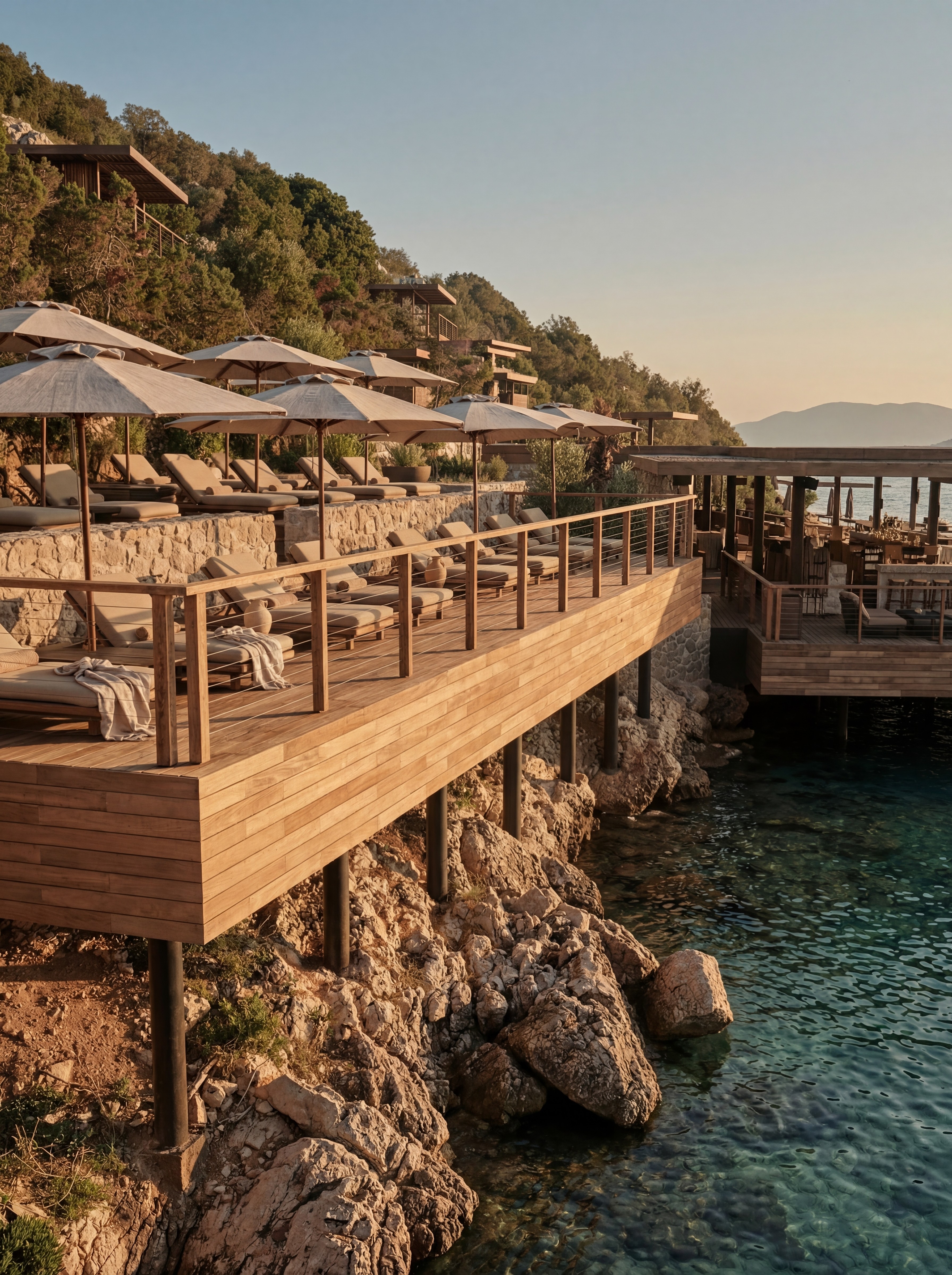 Scorpios Bodrum beach club in Gölköy with terrace seating, sunset views, and coastal design