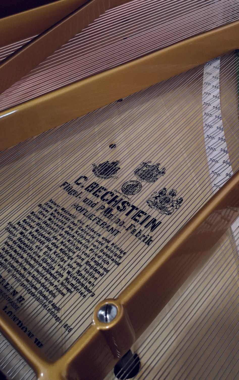 Close-up of the interior with logo of a restored C. Bechstein piano.