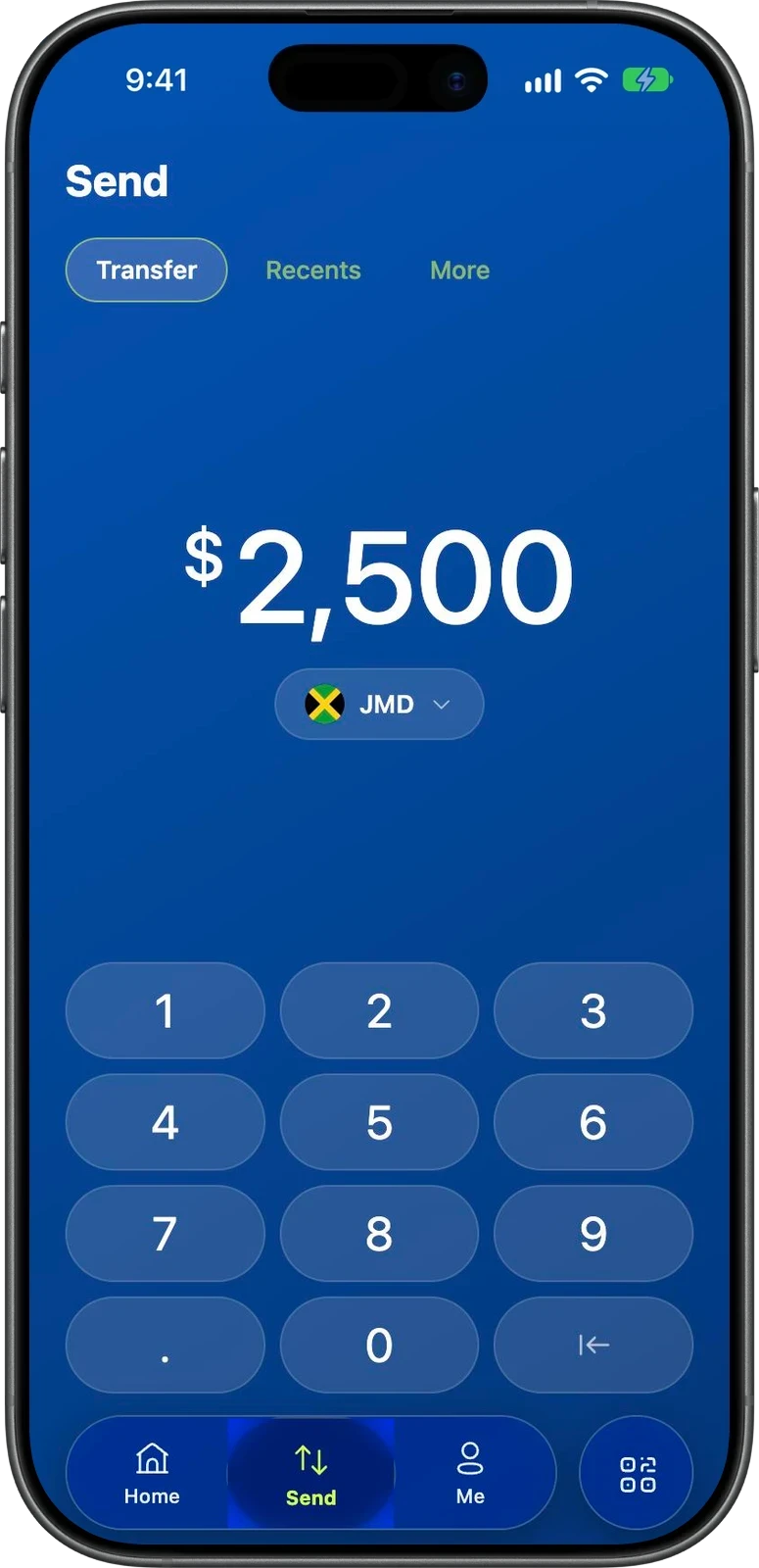 The Send keypad on an iPhone with 2,500 entered and a currency selector.