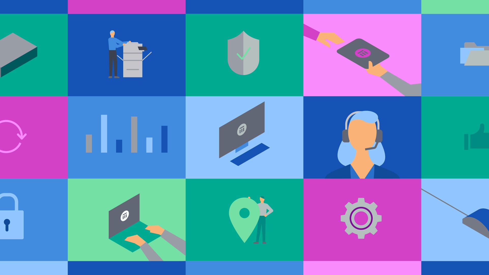 Illustration with colorful tiles, where each tile holds an icon relevant to business.